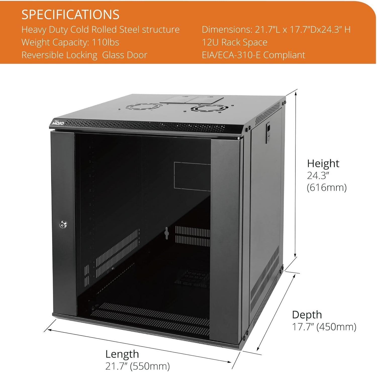 Tecmojo 12U Wall Mount Server Cabinet IT Network Rack Enclosure Lockable Door and Side Panels Black,Cooling Fan,Glass Door,17.7inch Depth,for 19' IT Equipment,A/V Devices