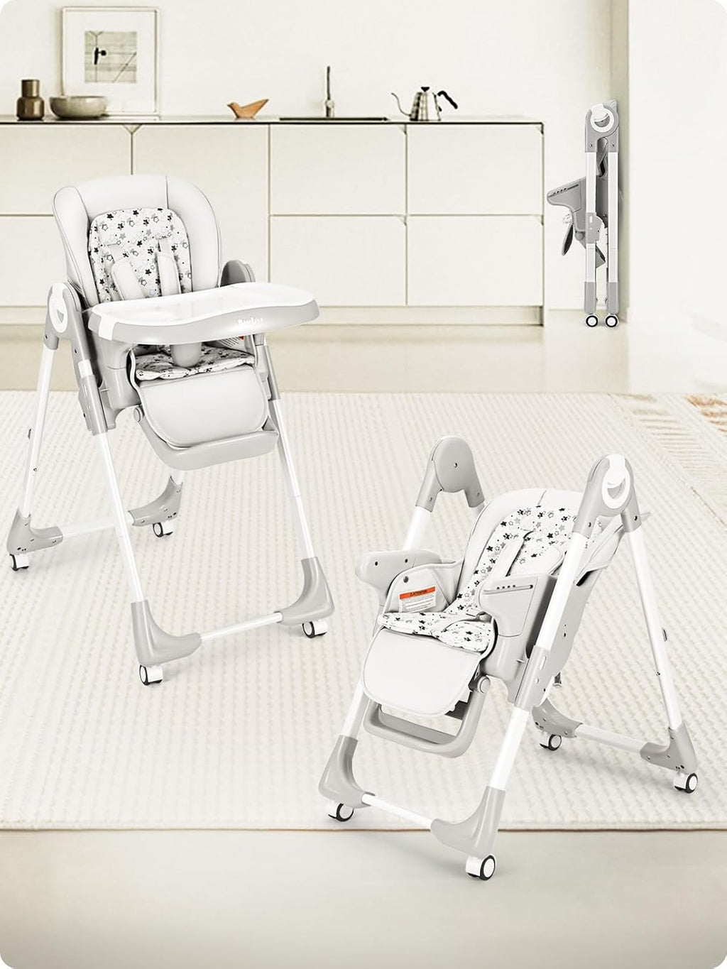 Babilous Foldable High Chair with Soft Cushion, High Chairs for Babies and Toddlers, Height Adjustable Feeding Chair, Adjustable Backrest and Footrest, Lockable Wheels, Star Gray