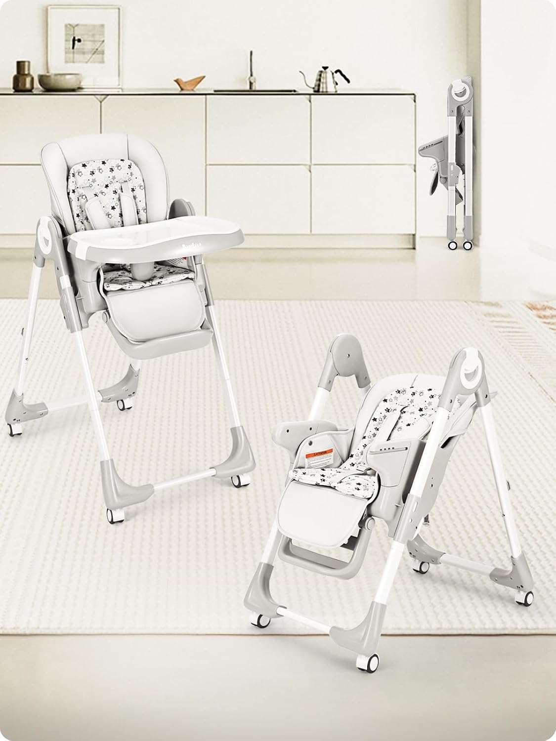 Babilous Foldable High Chair with Soft Cushion, High Chairs for Babies and Toddlers, Height Adjustable Feeding Chair, Adjustable Backrest and Footrest, Lockable Wheels, Star Gray