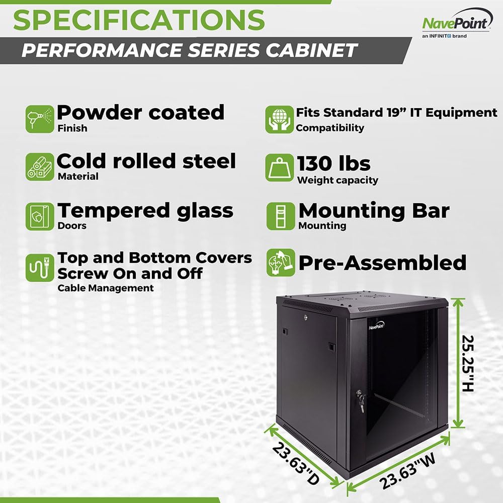 NavePoint 12U Server Cabinet Wall Mount Rack Enclosure Includes 2 Fans, Locking Glass Door, Removable Side Panels – 12U Network Cabinet 23.6' Deep, 19 Inch Server Rack for IT and A/V Equipment