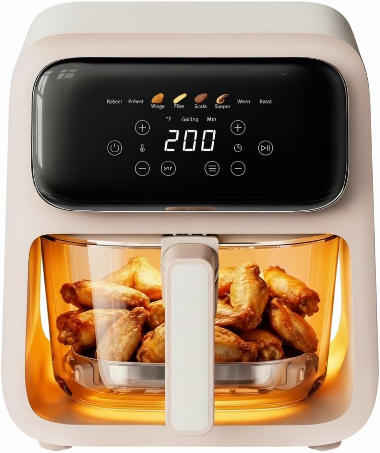 8-1 Glass Air Fryer | Non-Toxic | 400°F | 4QT TempWare Glass Bowl | Freezer & Dishwasher Safe | Wings，Steak，Fries & More | Air Fry Bake Roast Recrisp | Light Pinkish Beige