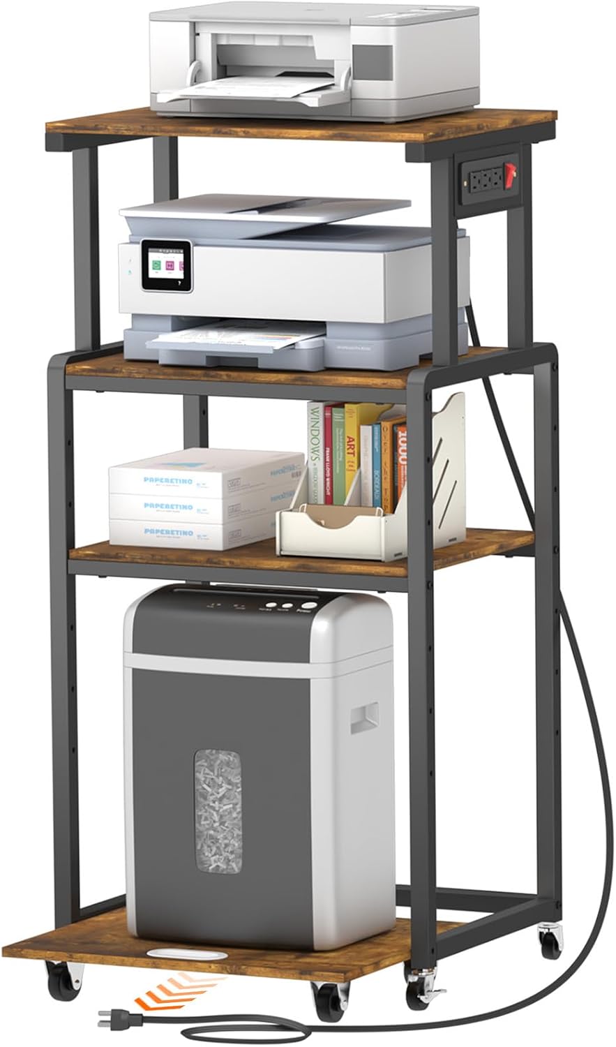 Lifewit 4 Tier Printer Stand with 3 Power Outlets, Wheels and Adjustable Storage Shelf for Home Office, Rolling Printer Cart for Shredder, Scanner, Fax, Hold 340lbs, Rustic Brown