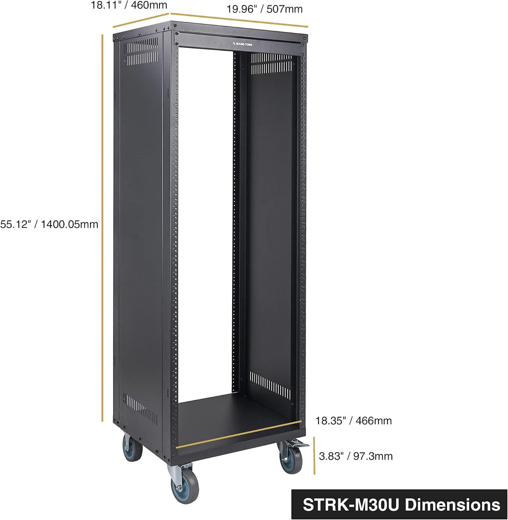 Sound Town 30U Universal Steel Rack, w/ 3' Locking Casters, Vented Side Panels for Audio Video, Server and Network Equipment (STRK-M30U)