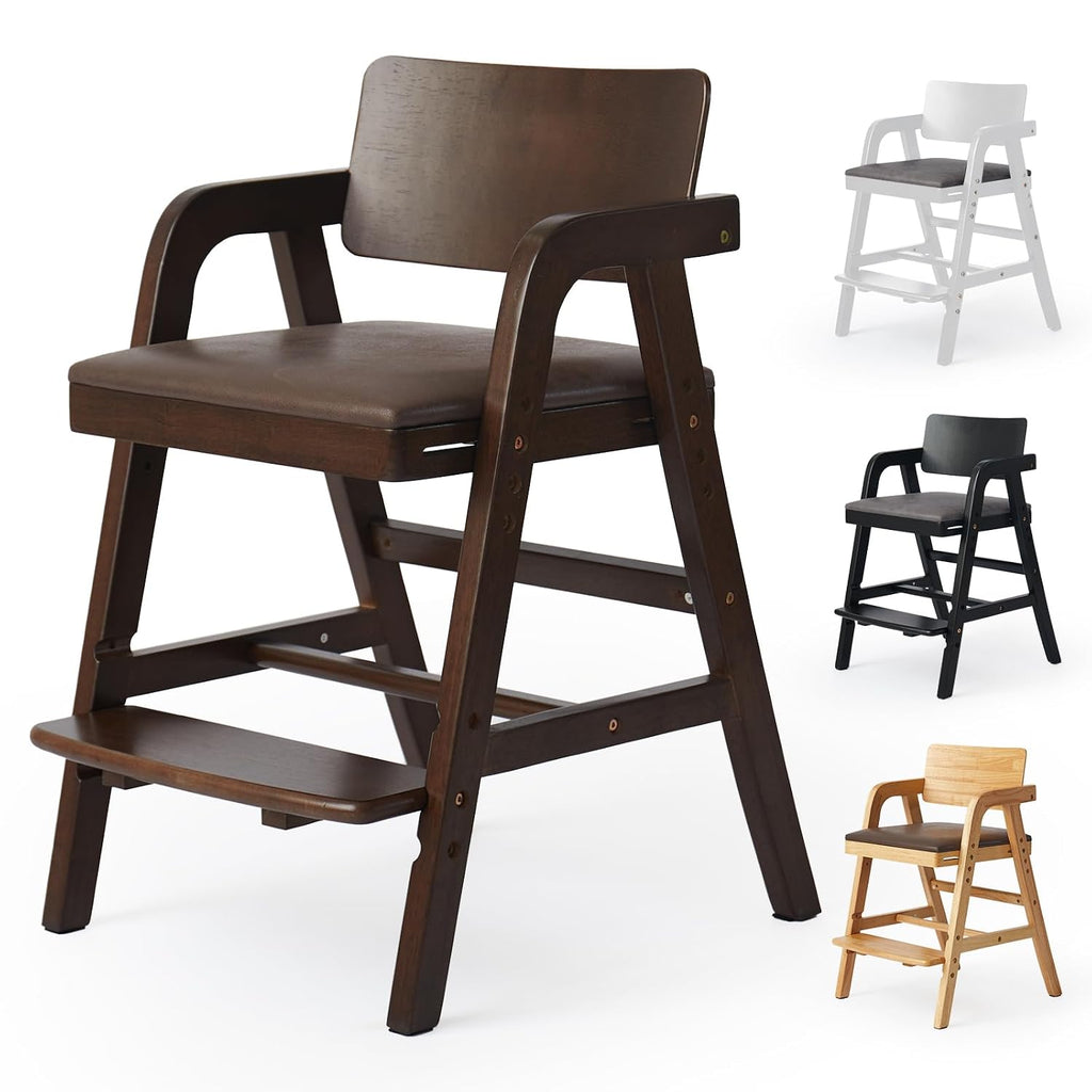 Wooden High Chair for Toddlers & Baby, Adjustable Dining Feeding Chair Grows with Kid, Ergonomic High Chair for Babies, Wipe Clean Skin-Friendly Cushion, for Home & Restaurant - Walnut