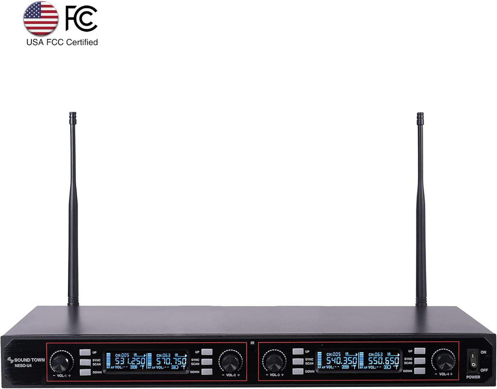Sound Town 200-Channel Rack Mountable Professional Adjustable UHF Wireless Microphone System with Metal Receiver, 2 Handheld Mic, 2 Lavalier Mic, 2 Bodypack Transmitter (NESO-U4HL)