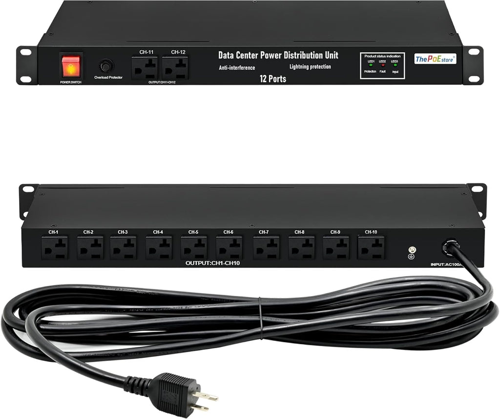 1U PDU Network Servers Surge Protector Power Distribution Unit 12-Outlet, 120V 20A, 3600 Joules 10KA,19″ Rack Mount Power Strip,Heavy-Duty 12AWG 16 ft Cord,w/AC Filter, by ThePoEstore