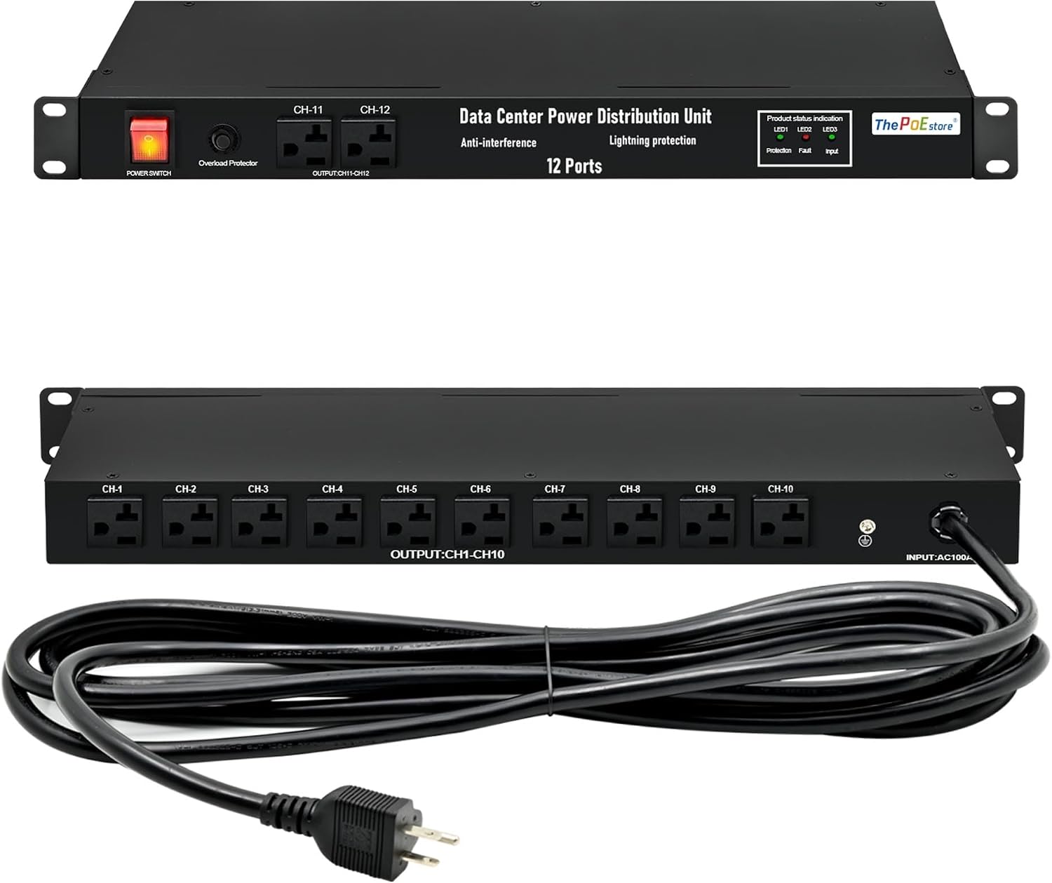 1U PDU Network Servers Surge Protector Power Distribution Unit 12-Outlet, 120V 20A, 3600 Joules 10KA,19″ Rack Mount Power Strip,Heavy-Duty 12AWG 16 ft Cord,w/AC Filter, by ThePoEstore