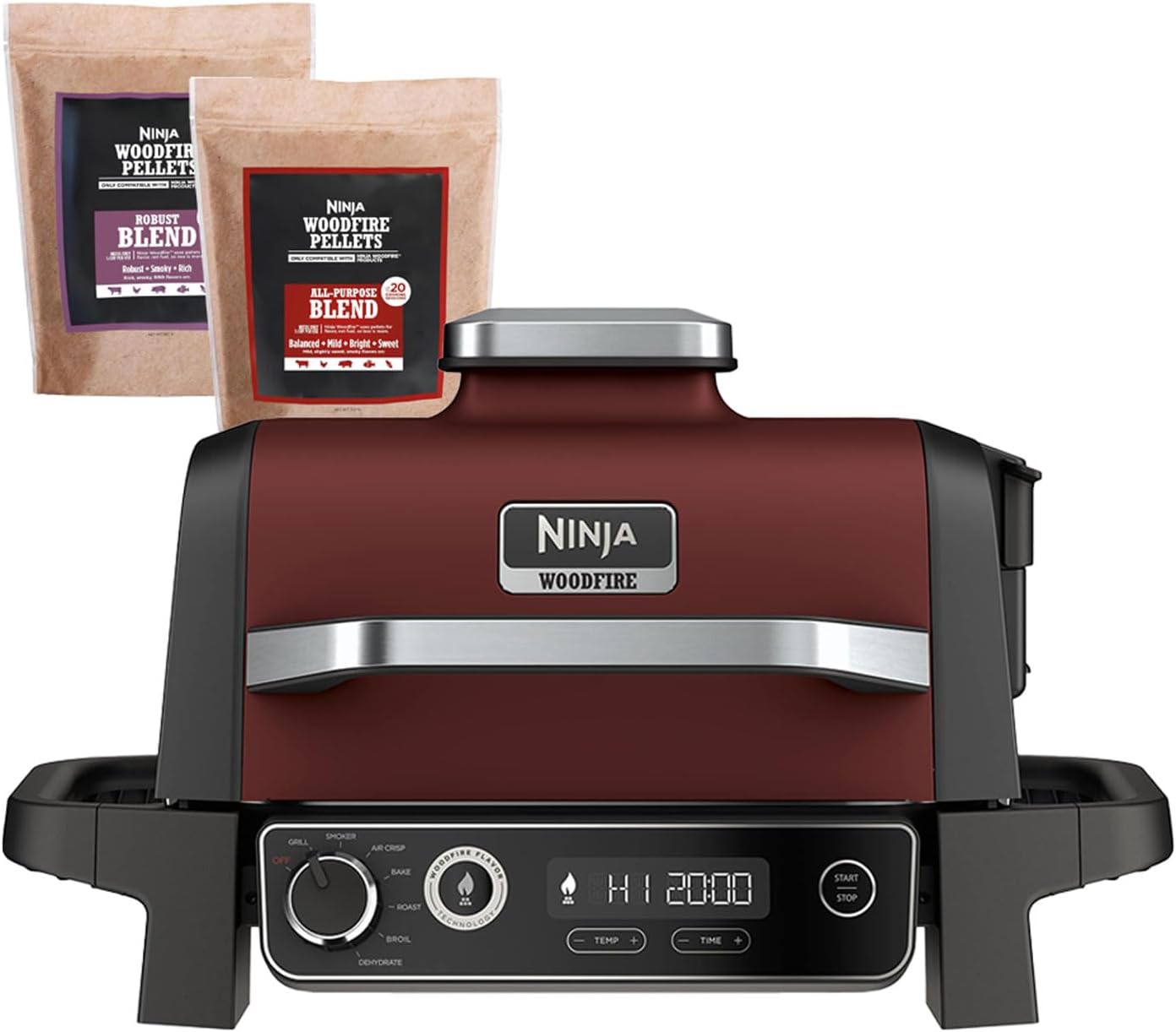 Ninja OG701 Woodfire Outdoor Grill & Smoker, 7-in-1 Master Grill, BBQ Smoker, Air Fryer plus Bake, Roast, Dehydrate, & Broil, uses Woodfire Pellets(1 Pack Included), Portable, Electric, Red