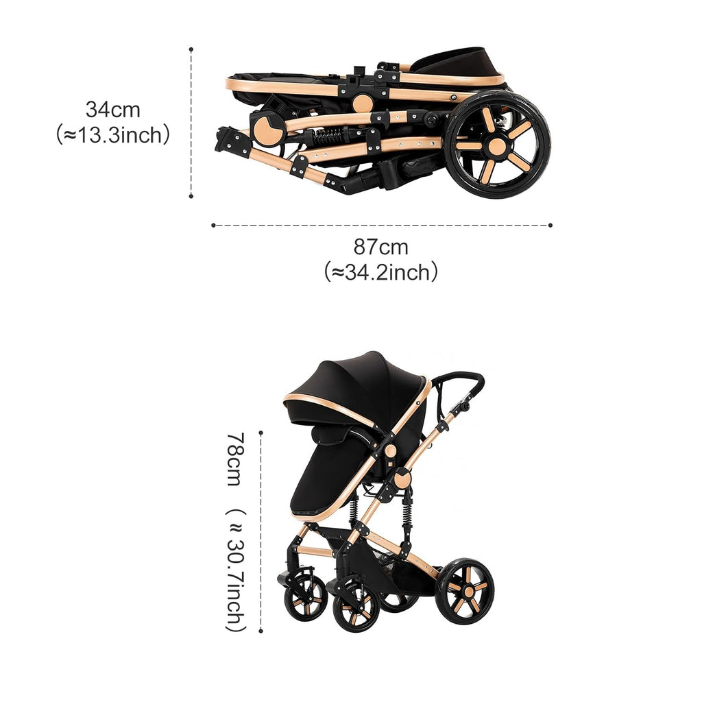 2 in 1 Baby Stroller, One Click Folding Convertible Newborn Infant parm, Reclining Buggy That can be Pushed Forward and Backward, New Born Pushchair 0-36 Month (2US588-BLACK)