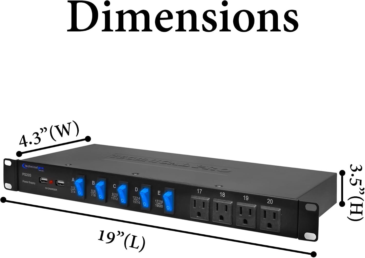 Power Supply Strip Unit Surge Protector - 19' Rack Mount 20 Outlet Including 16 Rear Panel 120V 3-Prong Plug sockets, 4 Front Panel AC Outlets, 3X 5V USB Charging Ports by Technical Pro