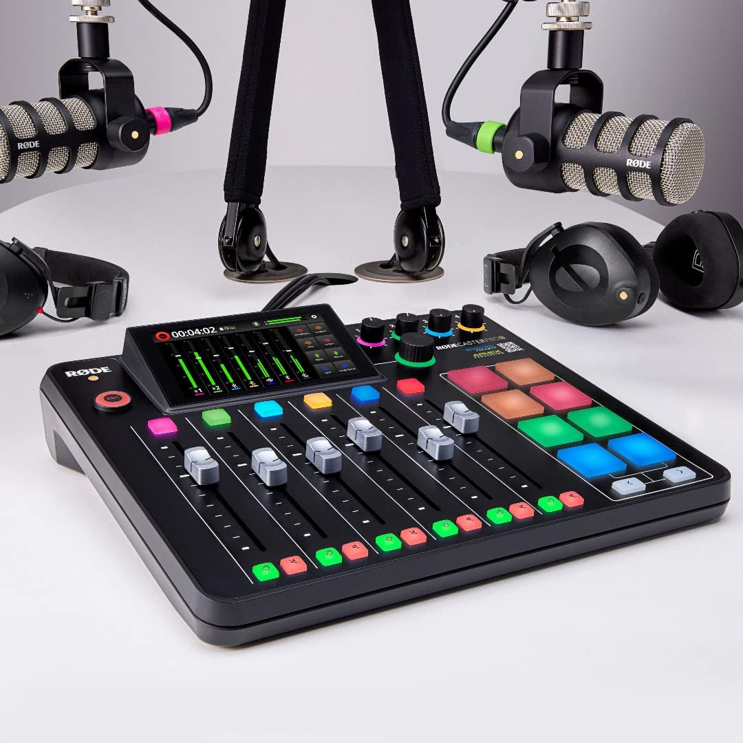 Rode RODECaster Pro 2 Complete Podcast Studio Kit with 4 PodMics, PSA1+ Boom Arms, StreamEye Cans50 Headphones, and Color-Coded XLR Cables