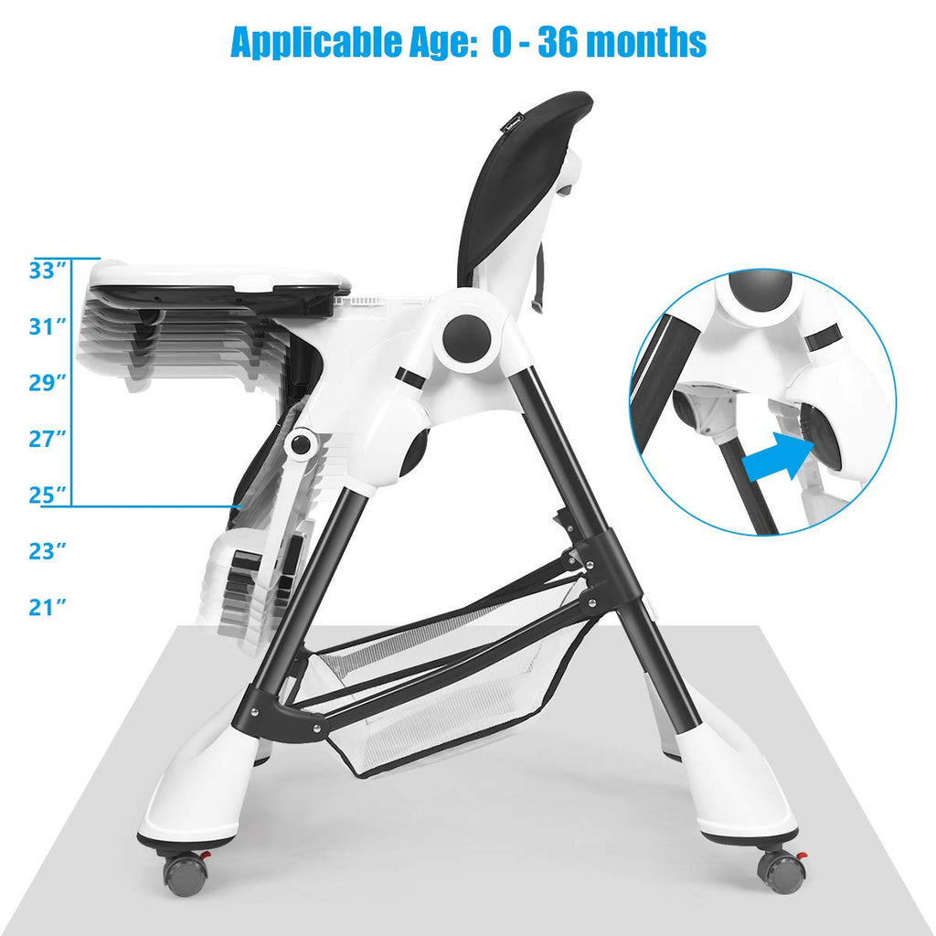 INFANS High Chair with One-Hand Removable Tray, 4 Lockable Wheels & Large Storage Basket - Multi-Adjustable Height, Recline & Footrest, Removable Cushion, Foldable for Baby, Infant& Toddler, Grey
