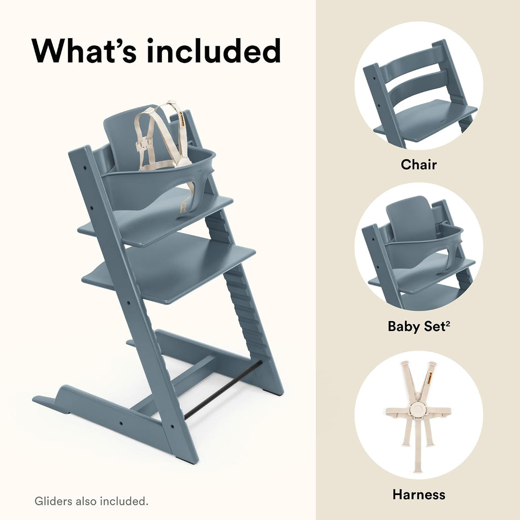 Stokke Tripp Trapp High Chair 2, Fjord Blue - Includes Chair + Baby Set with Removable Harness for Children 6-36 Months - Adjustable, Ergonomic & Easy to Clean