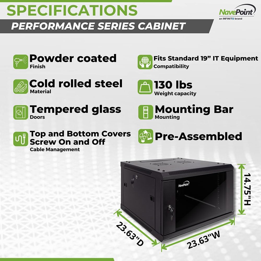 NavePoint 6U Server Cabinet Wall Mount Rack Enclosure Includes 2 Fans, Locking Glass Door, Removable Side Panels – 6U Network Cabinet 23.6' Deep, 19 Inch Server Rack for IT and A/V Equipment