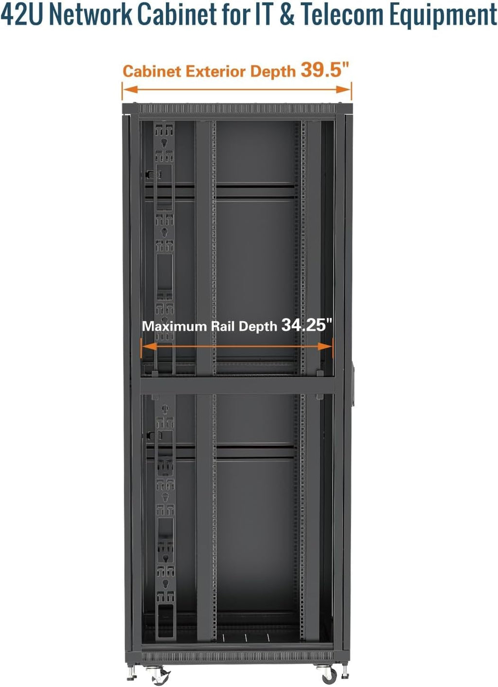 Tecmojo 42U Server Rack Network Cabinet 39.4' D x 23.6' W, Locking Data Cabinet Enclosure for 19' Server, Networking, AV & IT Equipment, Glass Door, Black