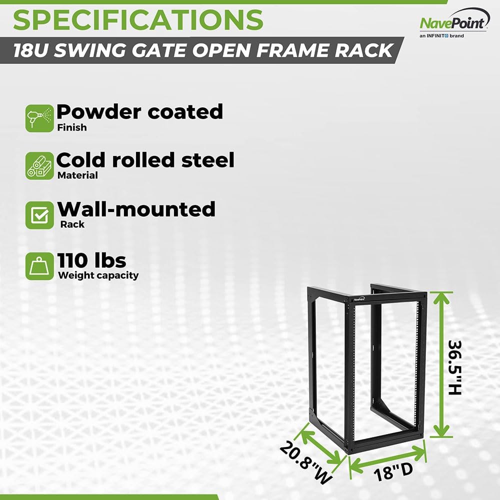 NavePoint 18U Server Rack with Swing Gate - Wall Mount Rack for 19 Inch IT & AV Equipment - Open Frame, Black