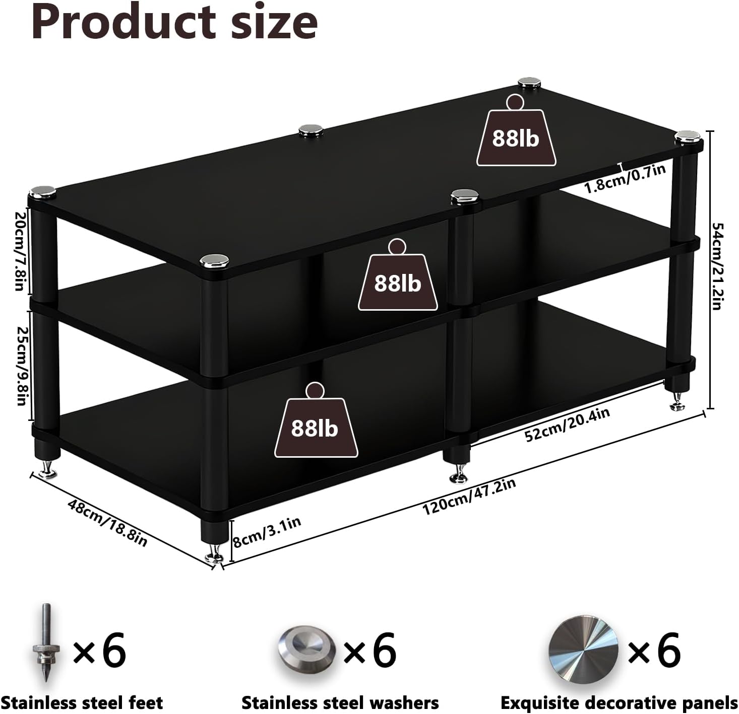 Heavy Duty AV Media Stand, Multifunctional Stacking Audio Component Rack with Shock-Absorbing Foot pegs, Audio Stand for Home Theater Studio (Black, Third Floor)