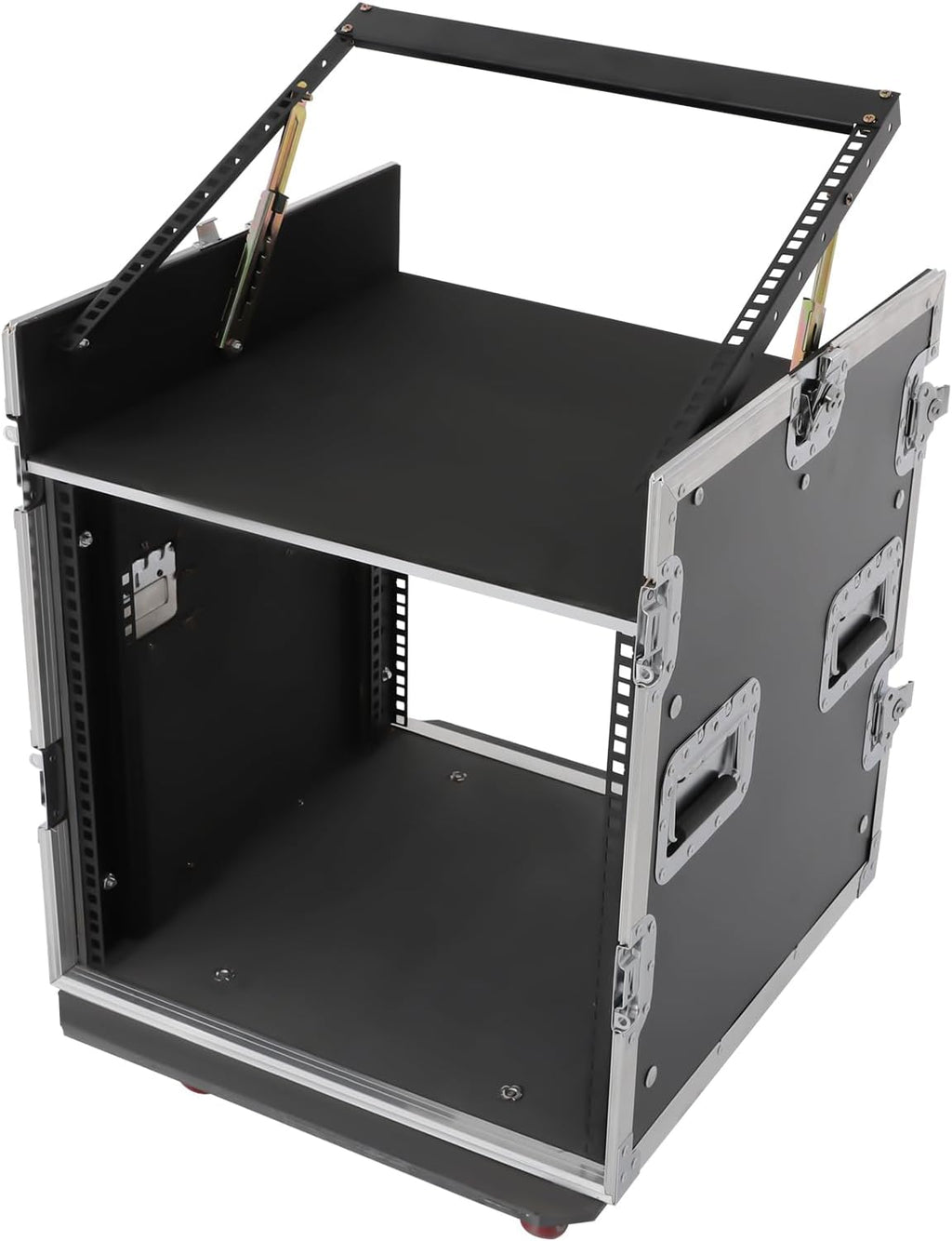 14U PA DJ Rack/Road ATA Case, Network & Stereo Rack with Slant Mixer Tops, 26'' Depth DJ Work Table Rolling Studio Equipment Cabinet, Amplifier Mixer Storage Stand for Pro Tour Grade, Live Sound