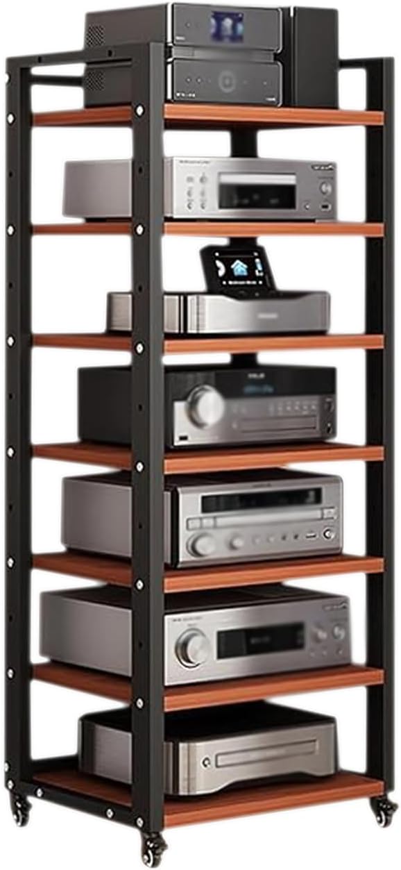 7 Tier Audio Rack Tower, CD Record Player Stereo Receiver AV Equipment Cabinet Display Rack, Weight Capacity 661 lbs, with Adjustable Wooden Shelves for Home (7 Tier Teakwood)