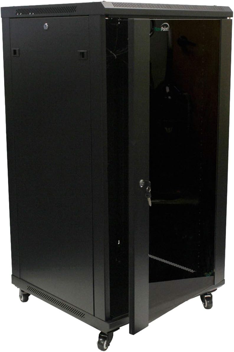 NavePoint 22U Server Cabinet Wall Mount Rack Enclosure with Caster Wheels, 2 Fans, Locking Glass Door, Removable Side Panels – 22U Network Cabinet 23.6' Deep, 19' Server Rack for A/V Equipment