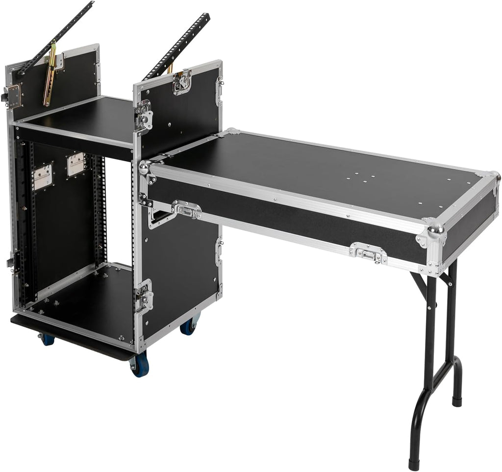 14U PA DJ Pro Audio Rack Road Case with 11U Slant Mixer Top, DJ Work Table and Casters, DJ Mixer Rack, Pro Tour Grade