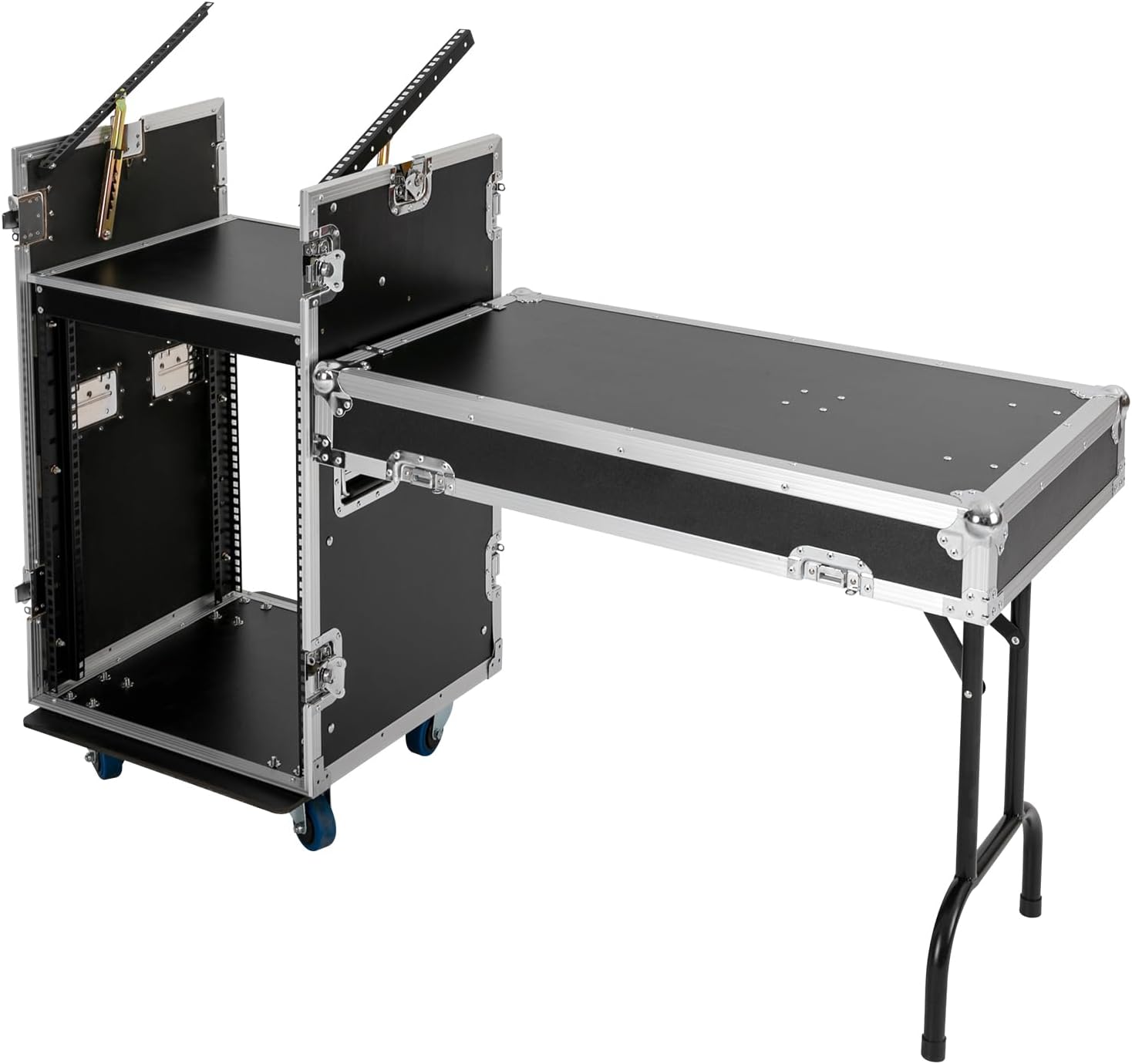 14U PA DJ Pro Audio Rack Road Case with 11U Slant Mixer Top, DJ Work Table and Casters, DJ Mixer Rack, Pro Tour Grade
