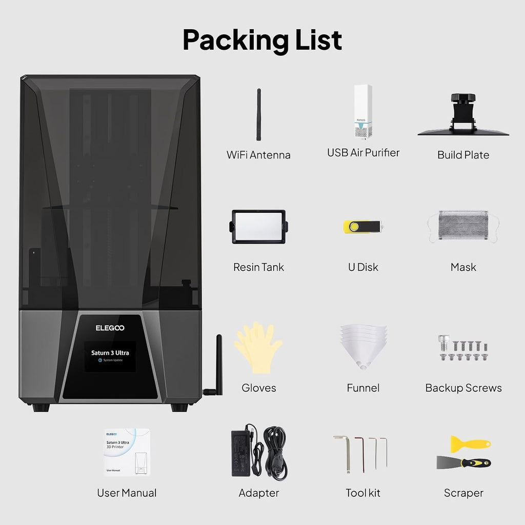 ELEGOO Saturn 3 Ultra 12K MSLA 3D Printer with 10' Monochrome LCD COB Refractive Light Source ACF Release Film WiFi Transfer Printing Size 218.88mm*122.88mm*260mm