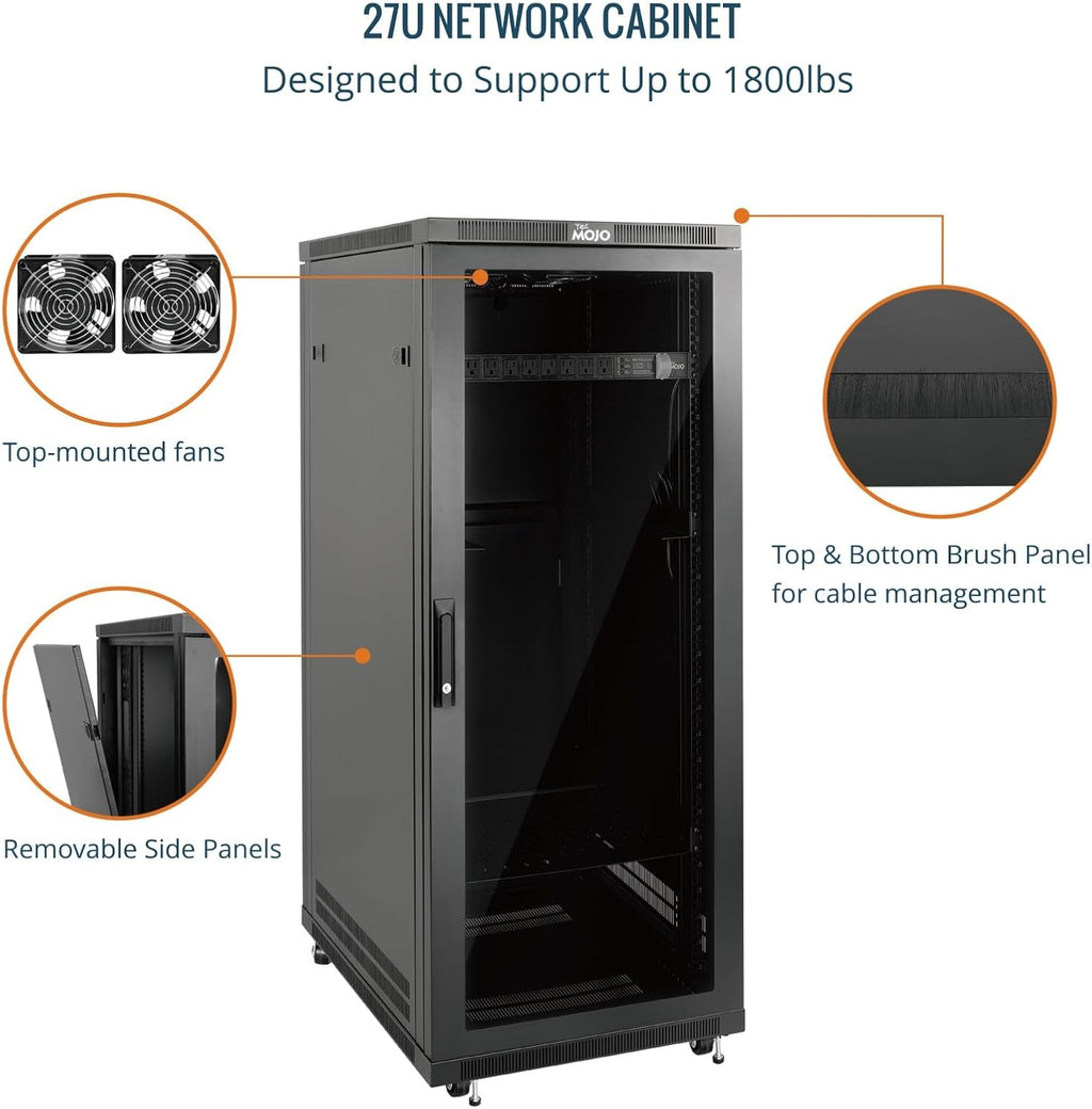 Tecmojo Network Rack Cabinet,27U Server Rack,23.6 Inch Depth,Hold Up to 1800Lbs,Lockable Cabinet with Casters and Complete Accessories,Clear Door,for Home,Office,Small Business (27U 23.6' w*23.6' d)