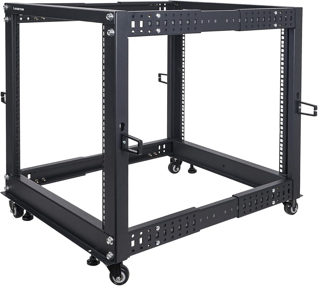 Sound Town 4-Post 12U Open Frame Sever and Network Equipment Rack with Adjustable Depth 22'-40', Casters, Levelers, Cable Management (ST4POF-A12U)