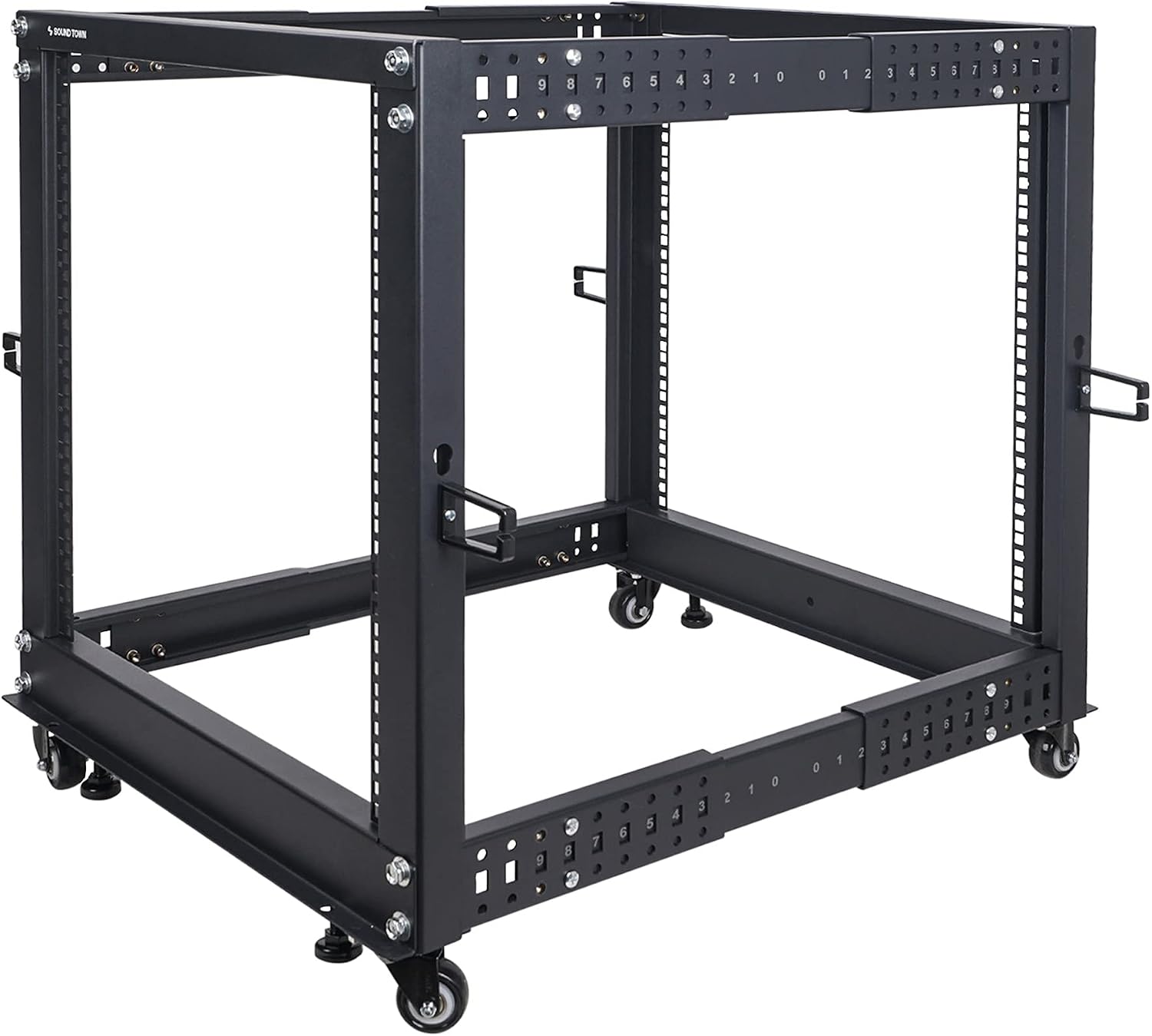 Sound Town 4-Post 12U Open Frame Sever and Network Equipment Rack with Adjustable Depth 22'-40', Casters, Levelers, Cable Management (ST4POF-A12U)