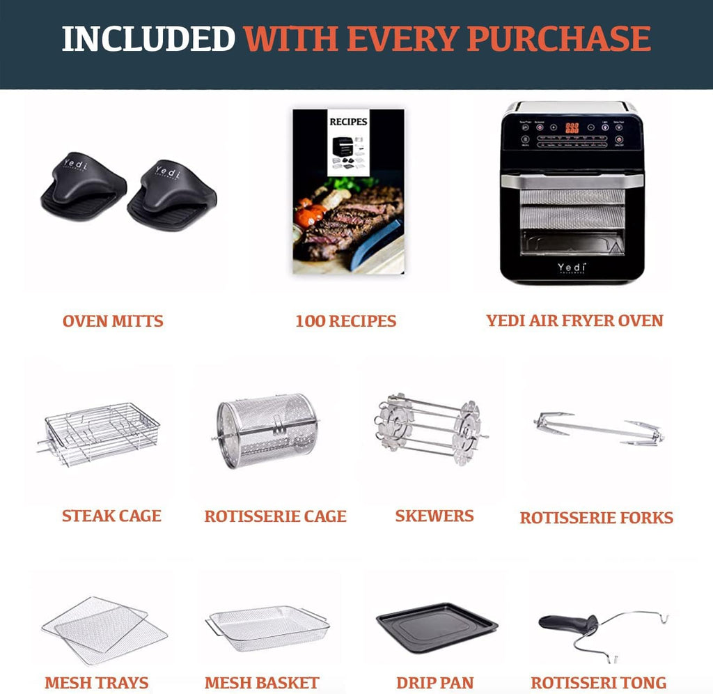 Yedi HOUSEWARE Total Package Air Fryer Oven XL, 12.7 Quart, Deluxe Accessory Kit, Recipes, BPA-Free, Auto Shutoff, Black
