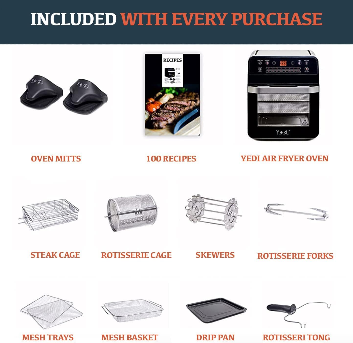 Yedi HOUSEWARE Total Package Air Fryer Oven XL, 12.7 Quart, Deluxe Accessory Kit, Recipes, BPA-Free, Auto Shutoff, Black