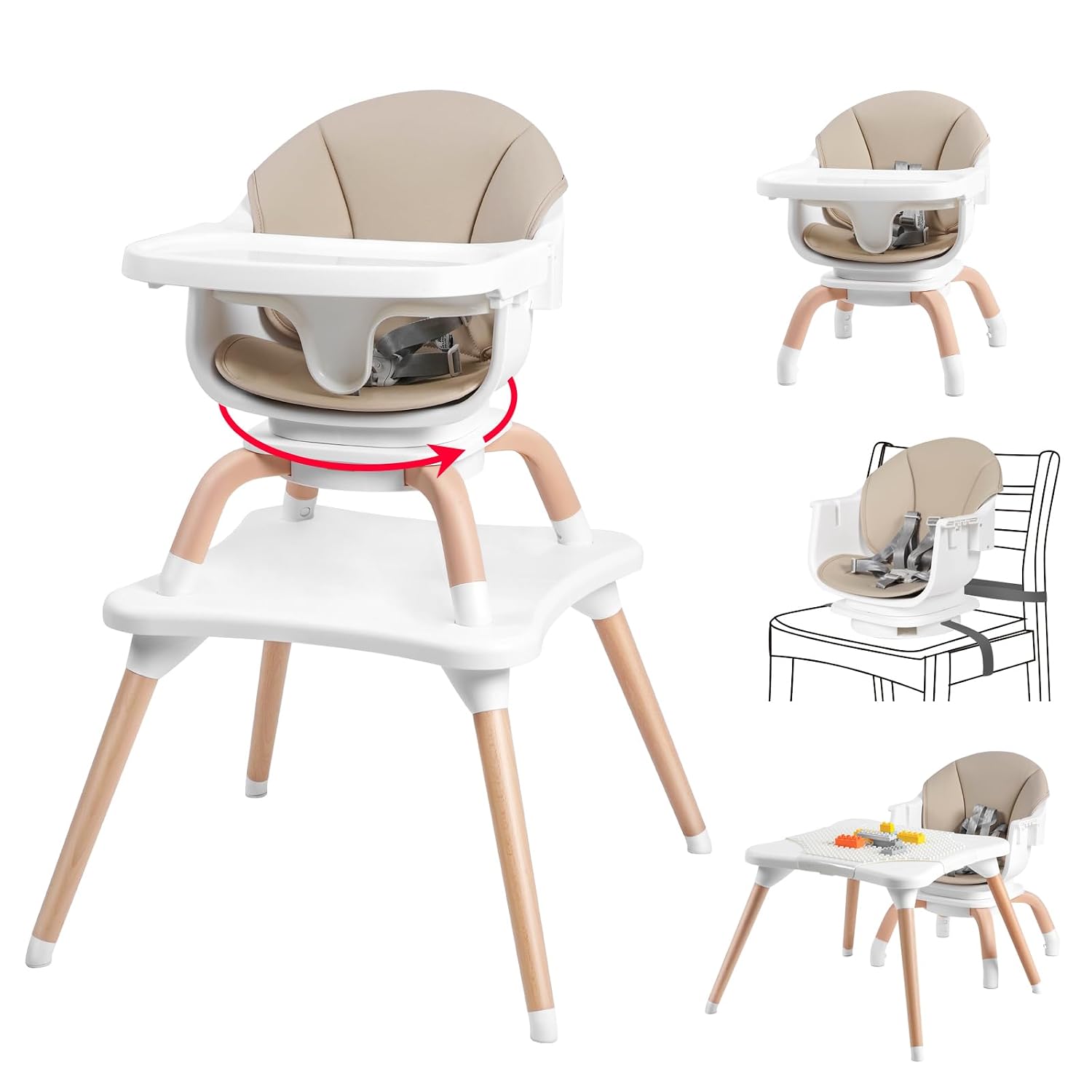 Baby High Chair, 7 in 1 Convertible High Chairs for Babies and Toddlers, Kids Learning Table, Building Block Table, Toddler Dining Chair with 360° Rotating Seat, 5-Point Safety Harness (Khaki)