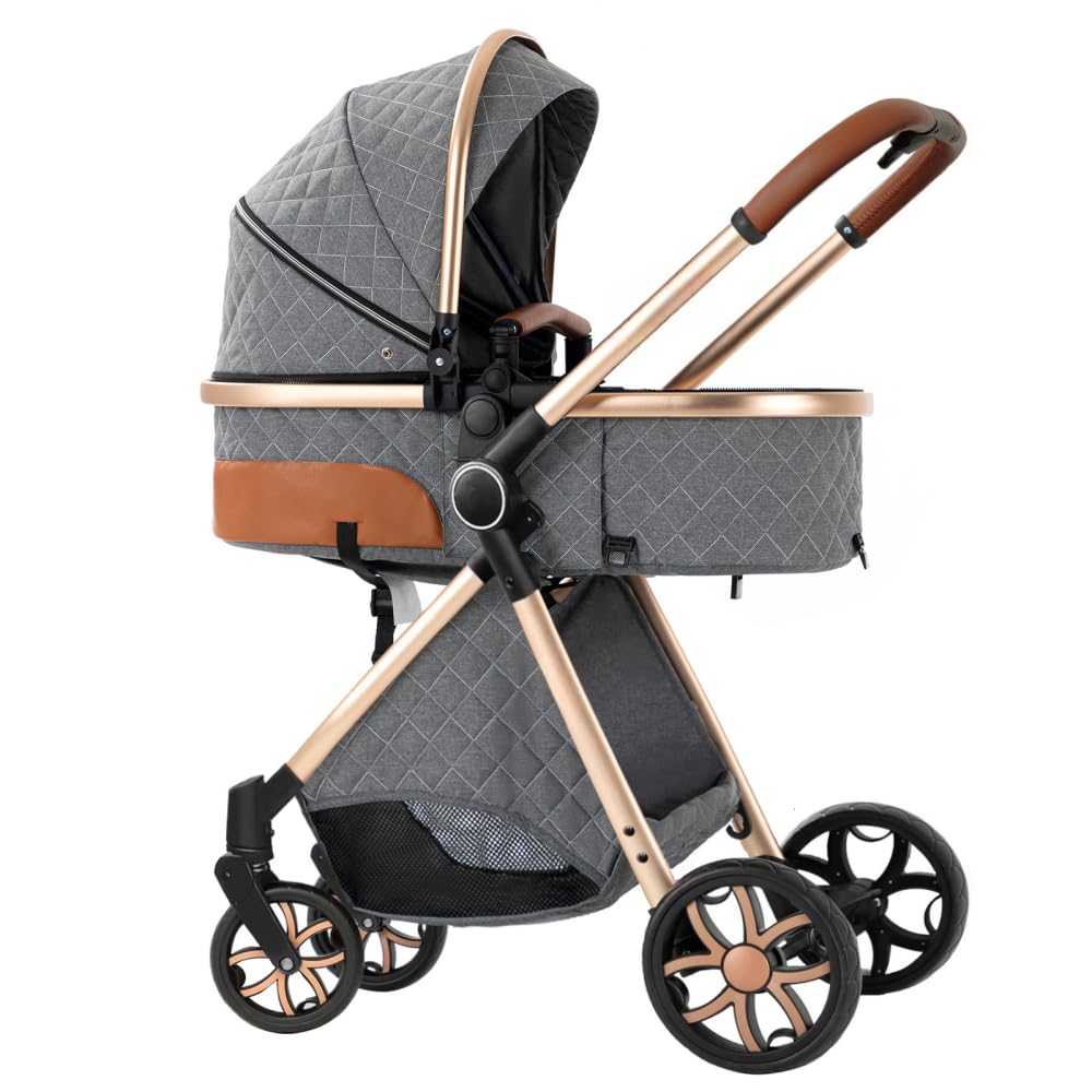 2 in 1 Baby Stroller,Infant Stroller Convertible,High Landscape Baby Carriage,Foldable Pushchair with Adjustable Canopy(Grey)