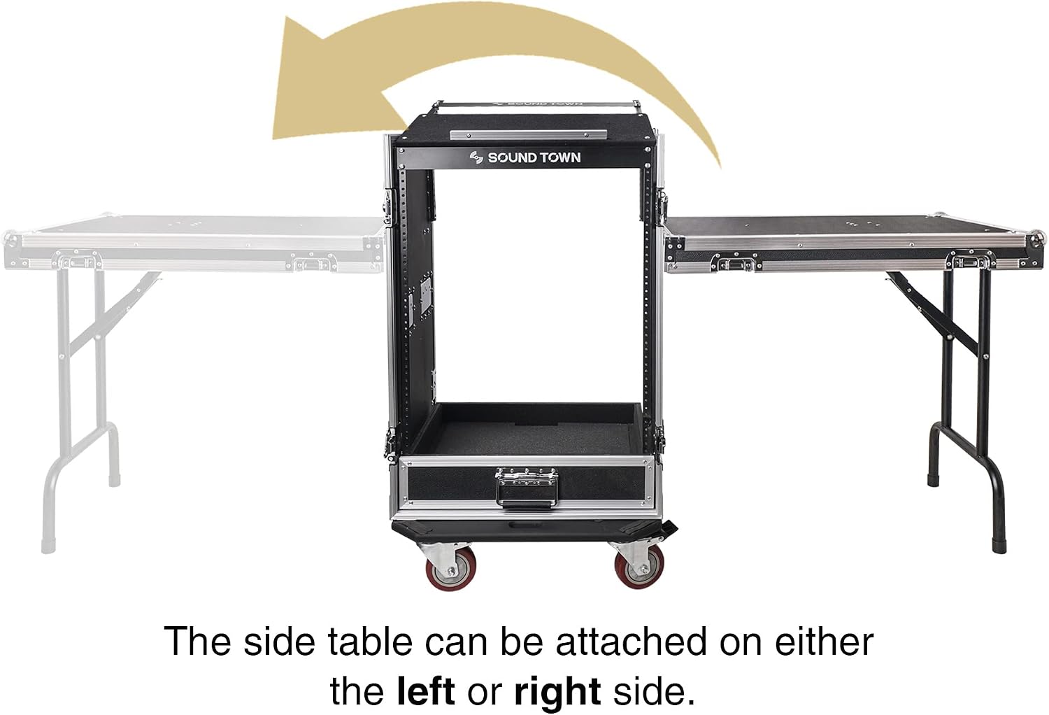 Sound Town 16U PA DJ Pro Audio Rack/Road ATA Case with 2U Drawer, 11U Slant Mixer Top, DJ Work Table, Casters, Pro Tour Grade (MR-DR16UT)