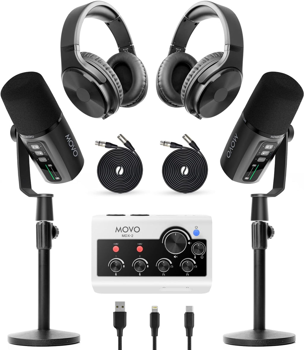 Movo PodPro+ Podcast Equipment Bundle for iPhone & Android – Professional Podcast Kit with Audio Interface, 2 Dynamic Mics, 2 Headphones, and Table Stands – Compatible with Smartphones, PC, and Mac