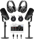 Movo PodPro+ Podcast Equipment Bundle for iPhone & Android – Professional Podcast Kit with Audio Interface, 2 Dynamic Mics, 2 Headphones, and Table Stands – Compatible with Smartphones, PC, and Mac