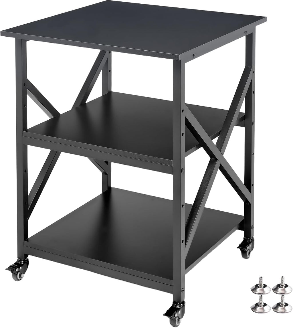 Fannova Printer Stand, 23.6 x 23.6 x 30.1 Inches Large Square Printer Table with Height Adjustable Storage Shelf, 3 Tier Rolling Printer Cart with Industrial Wheels for Home Office - Black