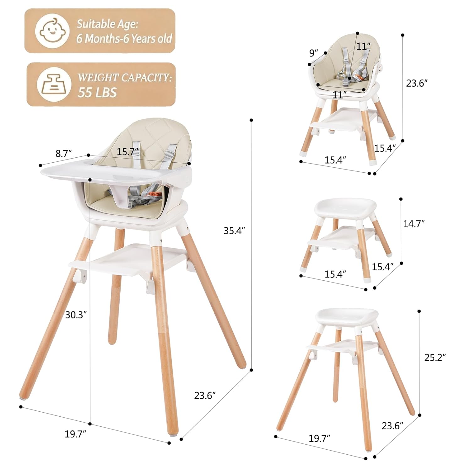 6 in 1 Baby High Chair, Convertible Wooden High Chairs/Booster Seat for Babies and Toddlers, Baby Feeding Chair with 5-Point Harness/Double Removable Tray & Adjustable Footrest (Beige)
