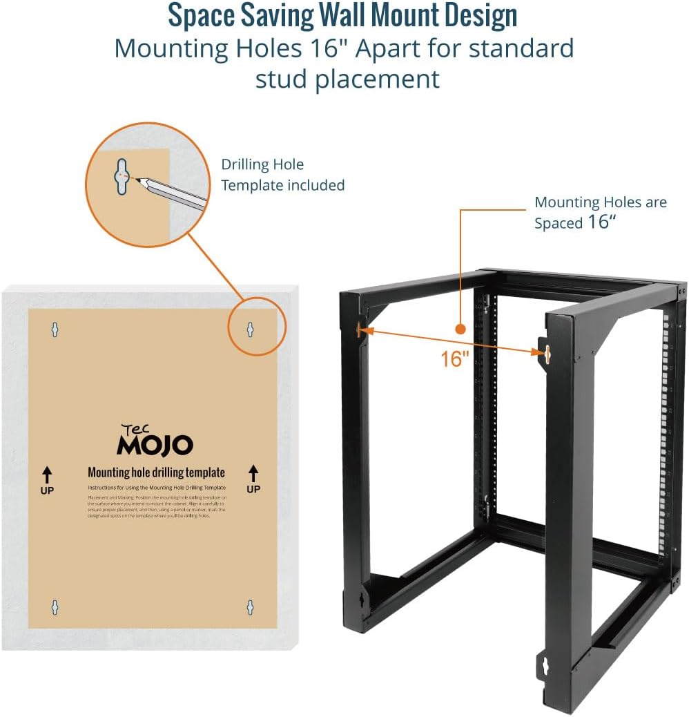 Tecmojo 12U Wall Mount Server Rack, Open Frame Network Rack for 19' Computer/AV/Data/IT/Media Equipment, 18' Depth, 16' Apart Mounting Holes, Swing Gate, Square and Tapped Holes