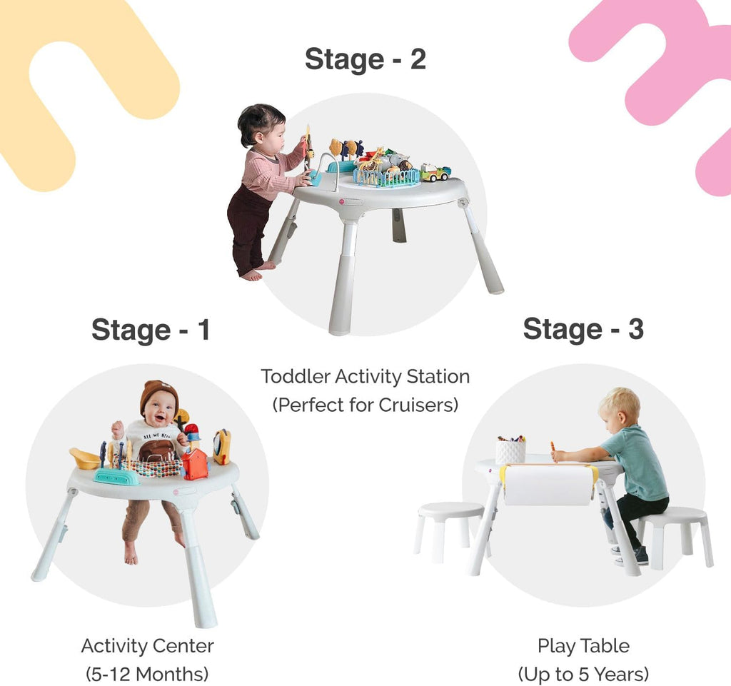 ORIBEL PortaPlay Convertible 3-in-1 Baby Activity Center & Play Table | Patented Bouncy Seat | Stable Foot Support | 5 Months+ | Development Focused Toys (Wonderland Adventure, Grey)