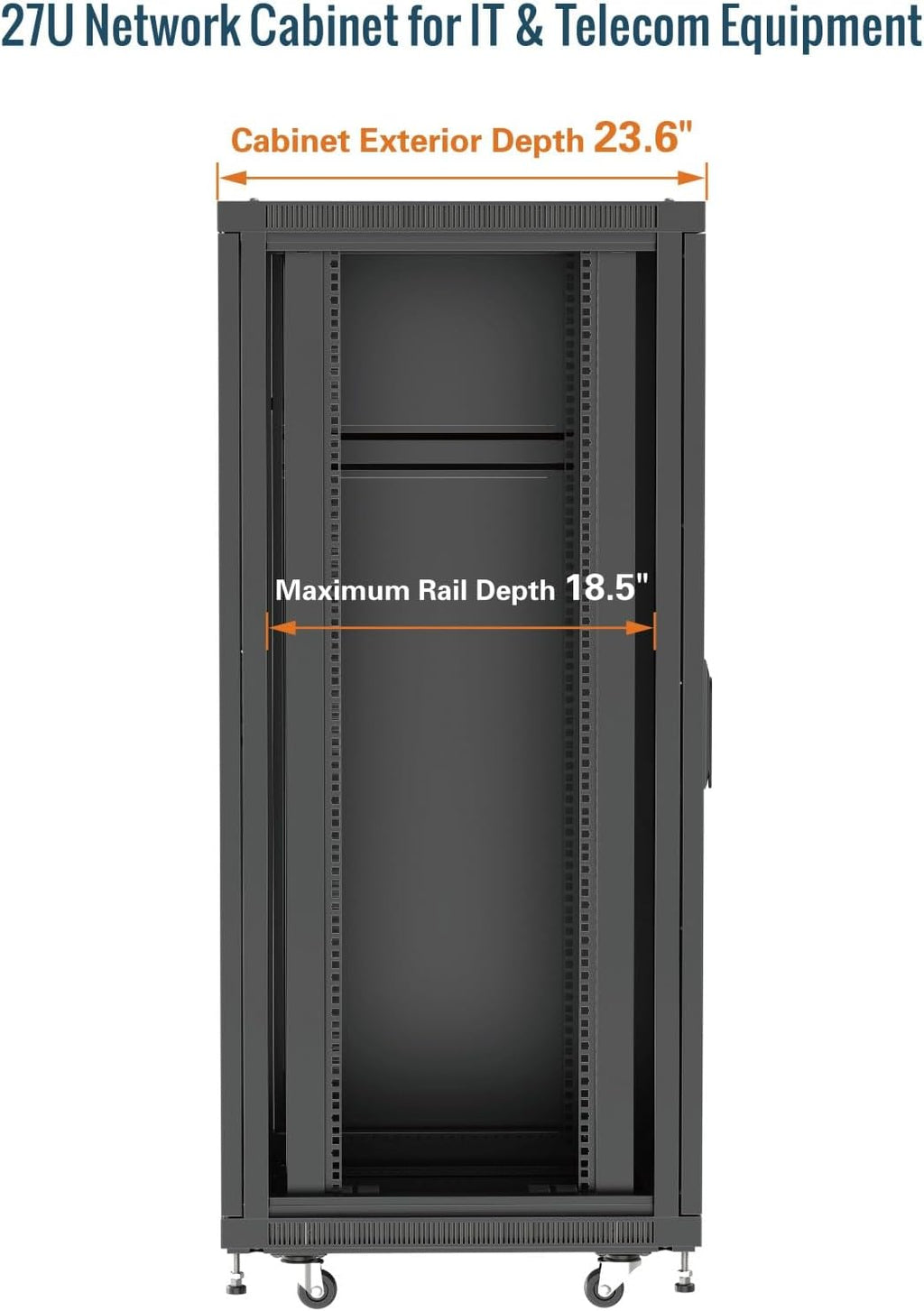 Tecmojo Network Rack Cabinet,27U Server Rack,23.6 Inch Depth,Hold Up to 1800Lbs,Lockable Cabinet with Casters and Complete Accessories,Clear Door,for Home,Office,Small Business (27U 23.6' w*23.6' d)