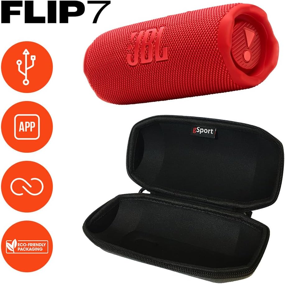 JBL FLIP 7 Waterproof Portable Speaker Bundle with gSport Carbon Fiber Case (Red)