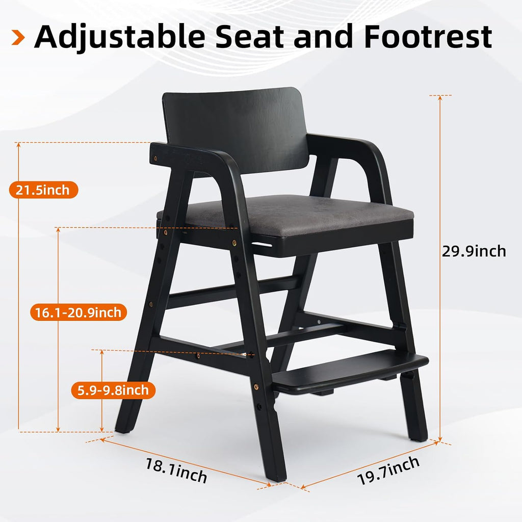 Wooden High Chair for Toddlers and Baby, Adjustable Toddler Dining Chair Grows with Kid, Ergonomic Baby HighChair for Babies, Wipe Clean Skin-Friendly Cushion, for Home & Restaurant - Black