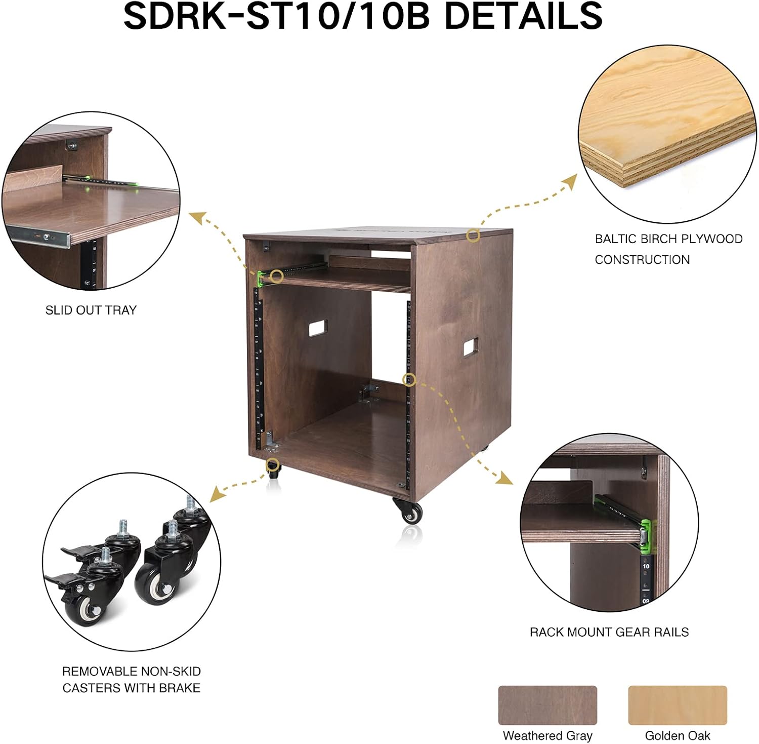 Sound Town 10U Solid Baltic Birch Plywood Studio Rack Desk with Slide-Out Tray, Rubber Feet, Casters, for Recording, Podcasts, Broadcasts, Streaming, Golden Oak (SDRK-ST10)