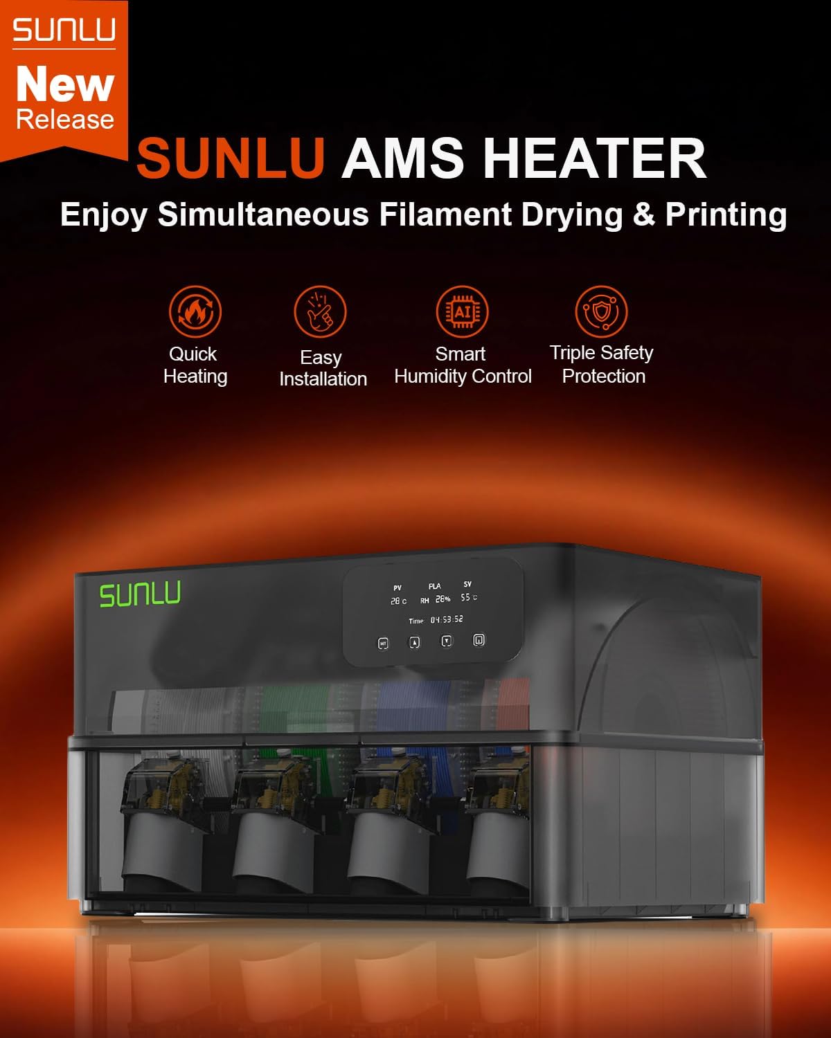SUNLU AMS Heater, Compatible with Bambu Lab AMS 1.0, Enables Drying While Printing, Drying evenly & 70℃ Fast Heating Filament Dryer, 4-roll Capacity (AMS Not Included)