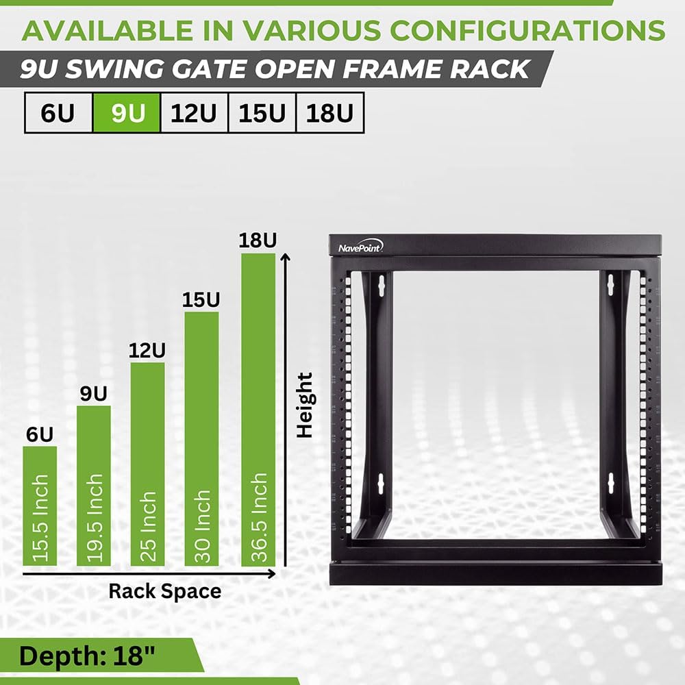 NavePoint 9U Open-Frame Server Rack for 19' IT Network Equipment & A/V Devices Free Standing or Wall Mount with 180 Degrees Gate Swing, Black