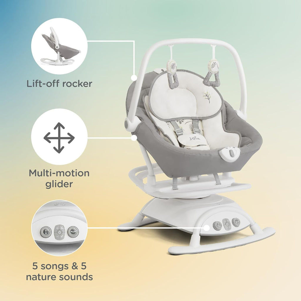Joie Cinnamon 2-in-1 Glider and Rocker – Multi-Motion Baby Swing and Rocker Combo with Plush Fabrics, Compact Design, and Multiple Recline Positions – Soothing Sounds & Gentle Vibrations (Fern)