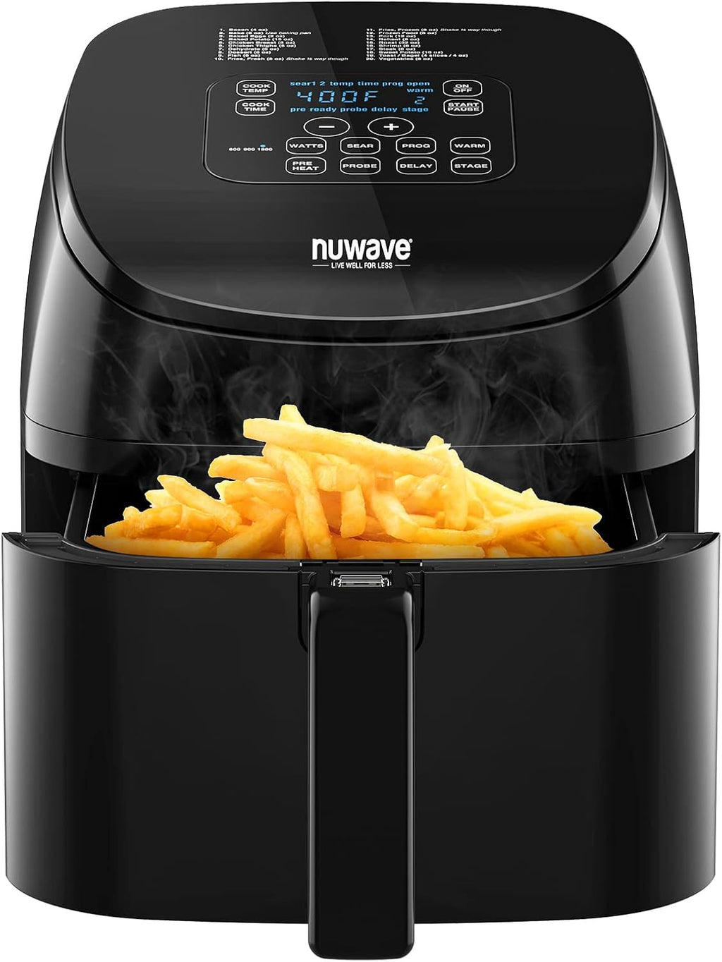 Nuwave Brio 4.5-Qt Air Fryer, 1 Touch Digital Controls, 100°-400°F Temp Controls in 5° Increments, Linear Thermal (Linear T) Technology, 3 Wattage Settings 600, 900 & 1500W, Built-In Safety Features