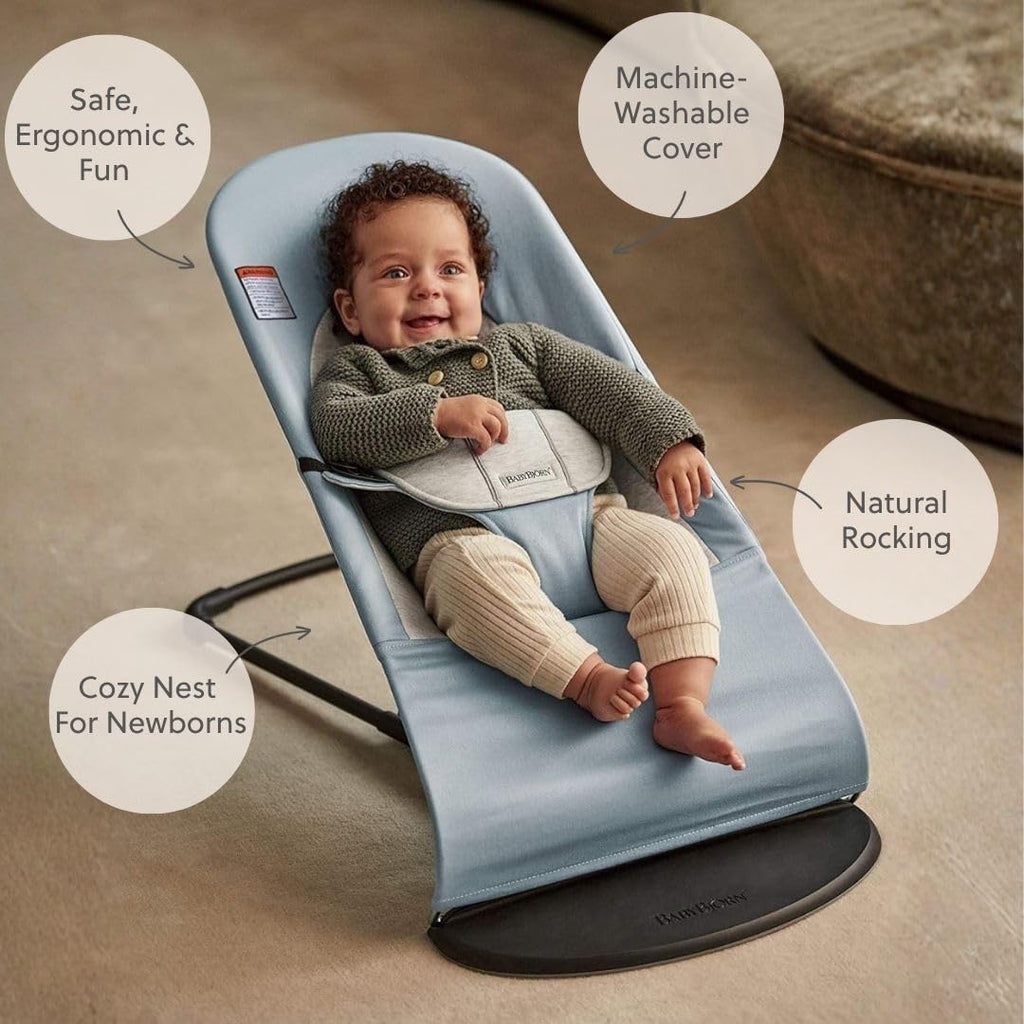 BabyBjörn Bouncer Balance Soft, Blue/Gray, Woven/Jersey | 2-in-1 Adjustable Baby Bouncer Seat and Toddler Chair, Newborn to Toddler (8-29 lbs), 4 Positions, Lightweight & Portable